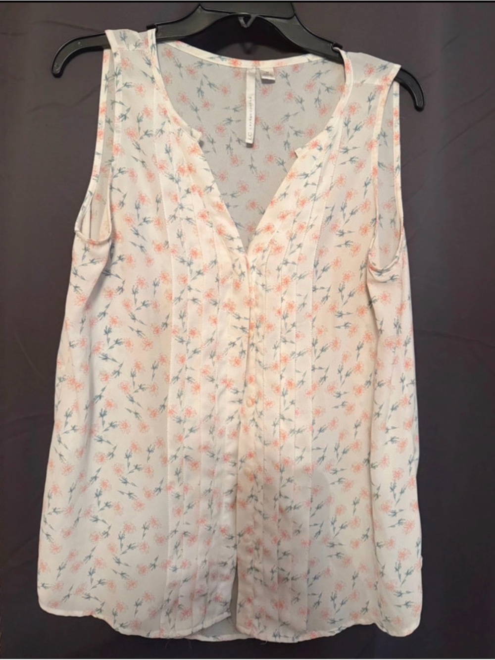LC Lauren Conrad White Sleeveless Floral Pintuck Tank with Coral & Blue Sprigs